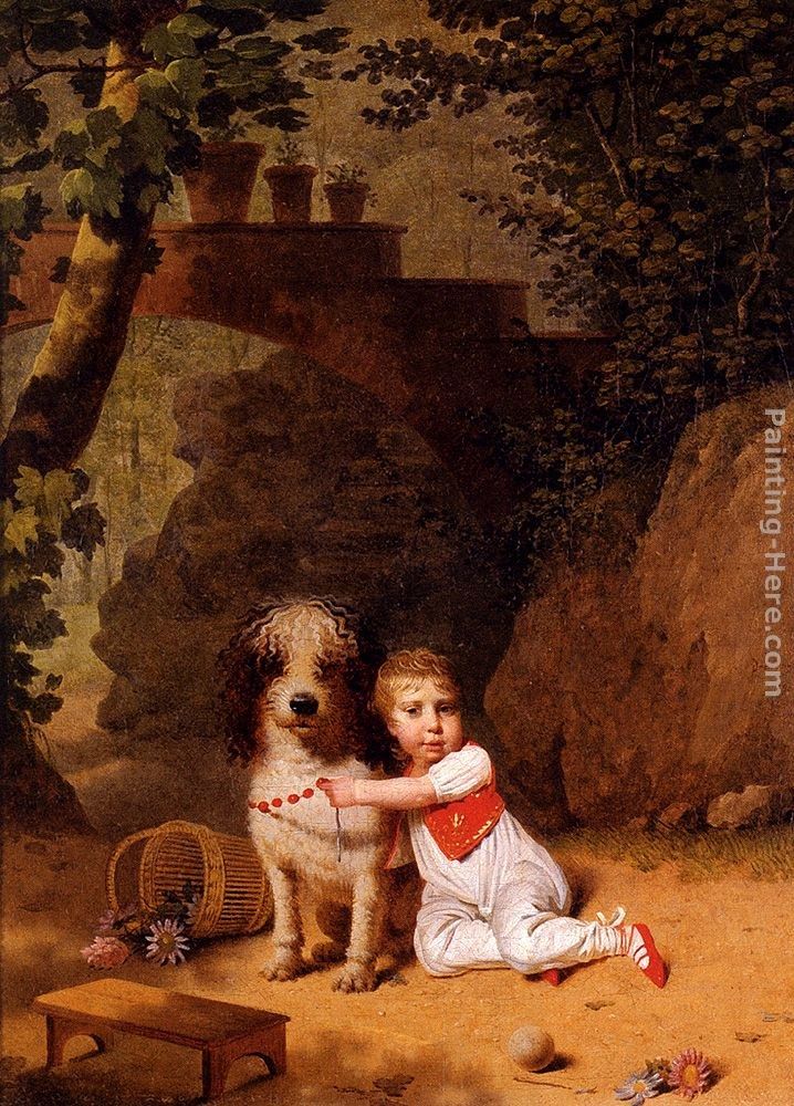 Martin Drolling Portrait Of A Little Boy Placing A Coral Necklace On A Dog, Both Seated In A Parkland Setting